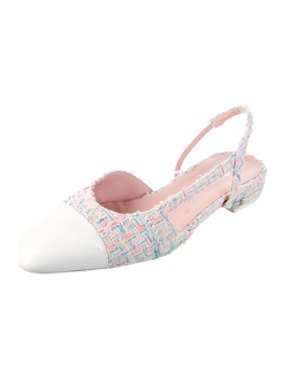 CHANEL Multicolor Tweed Slingback Flats with White Patent Toe